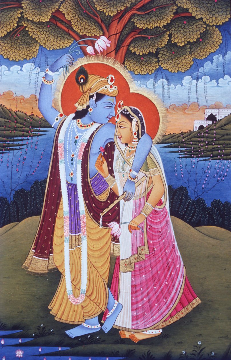 Miniatuurschilderij van Radha Krishna, India door School Indian