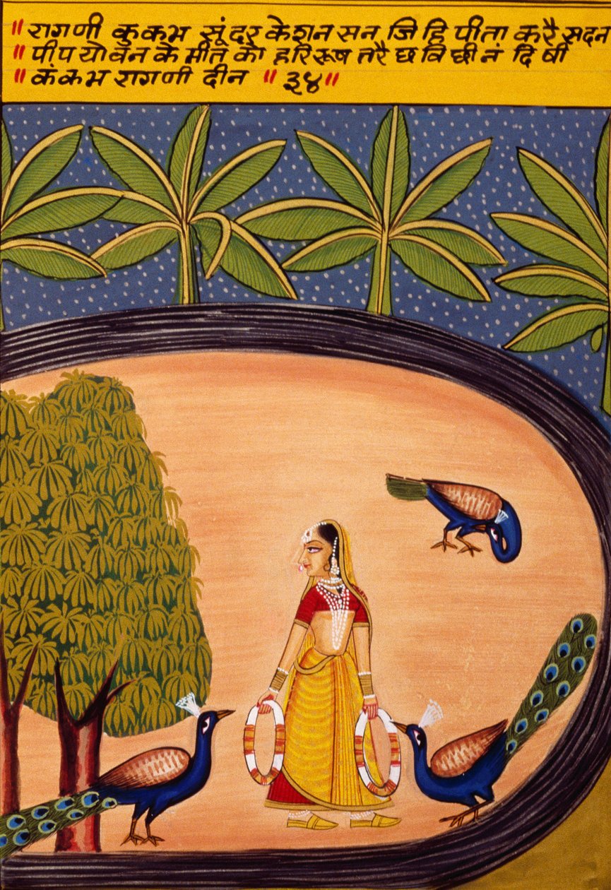 Miniatuurschilderij op papier, Ragini Kukumb, Nathdwara School door School Indian