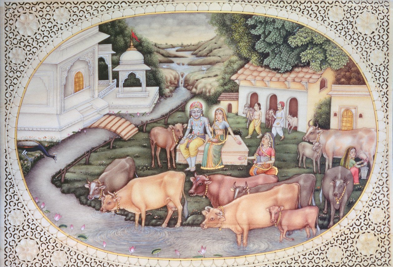 Miniatuur van Krishna een melkmeisje zittend in een veld met vee door School Indian