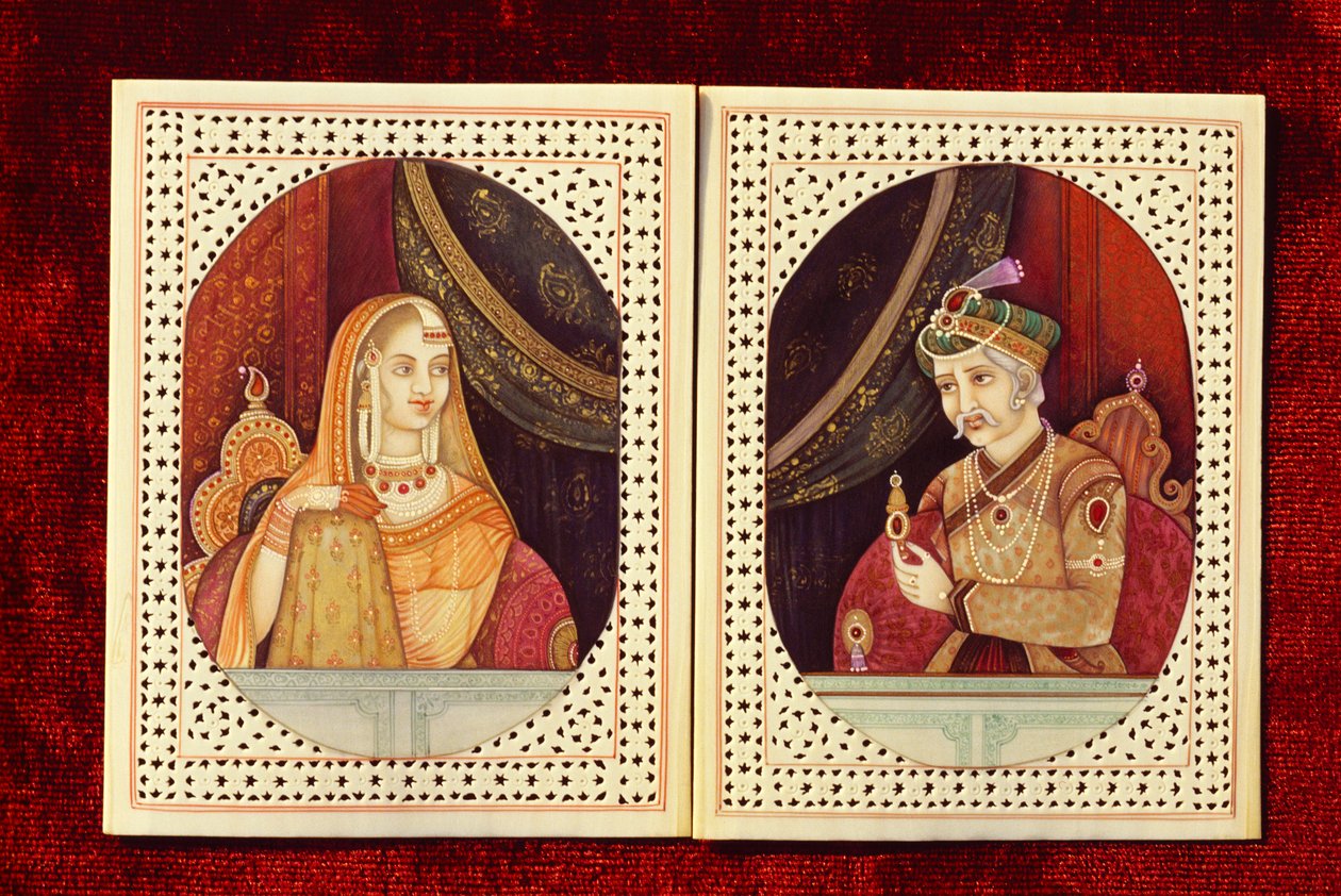 Mogolkeizer Akbar & Jodhabai Ivoor Schilderij door School Indian