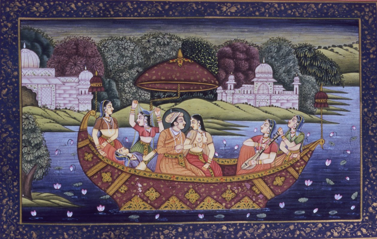 Mughal miniatuurschilderij op papier, koning liefdesscène en genietend van muziek in boot door School Indian