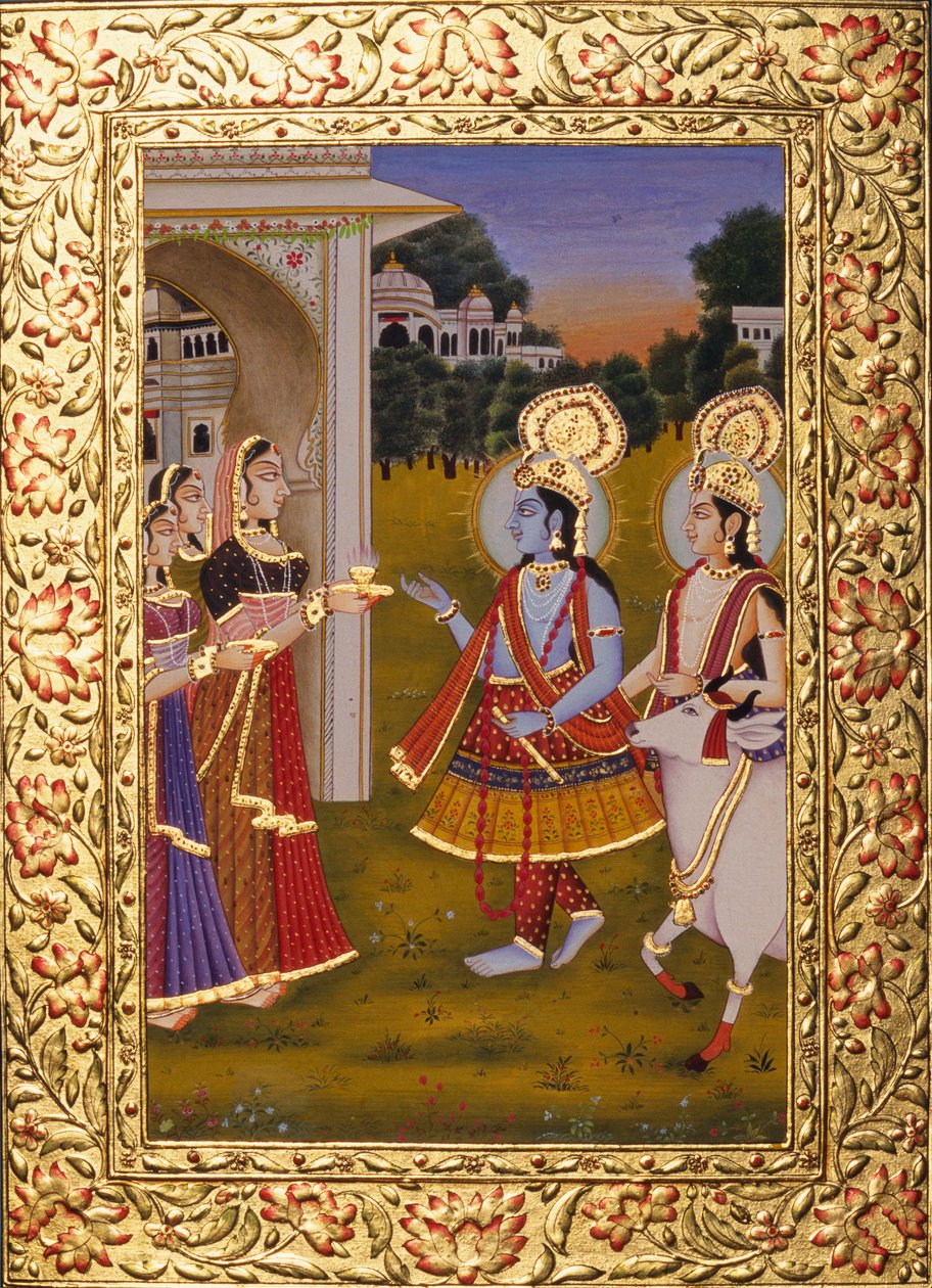 Radha Krishna miniatuurschilderij op papier met goud reliëf door School Indian