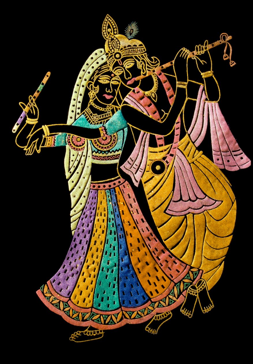Radha Krishna Miniatuurschilderij op fluweel door School Indian