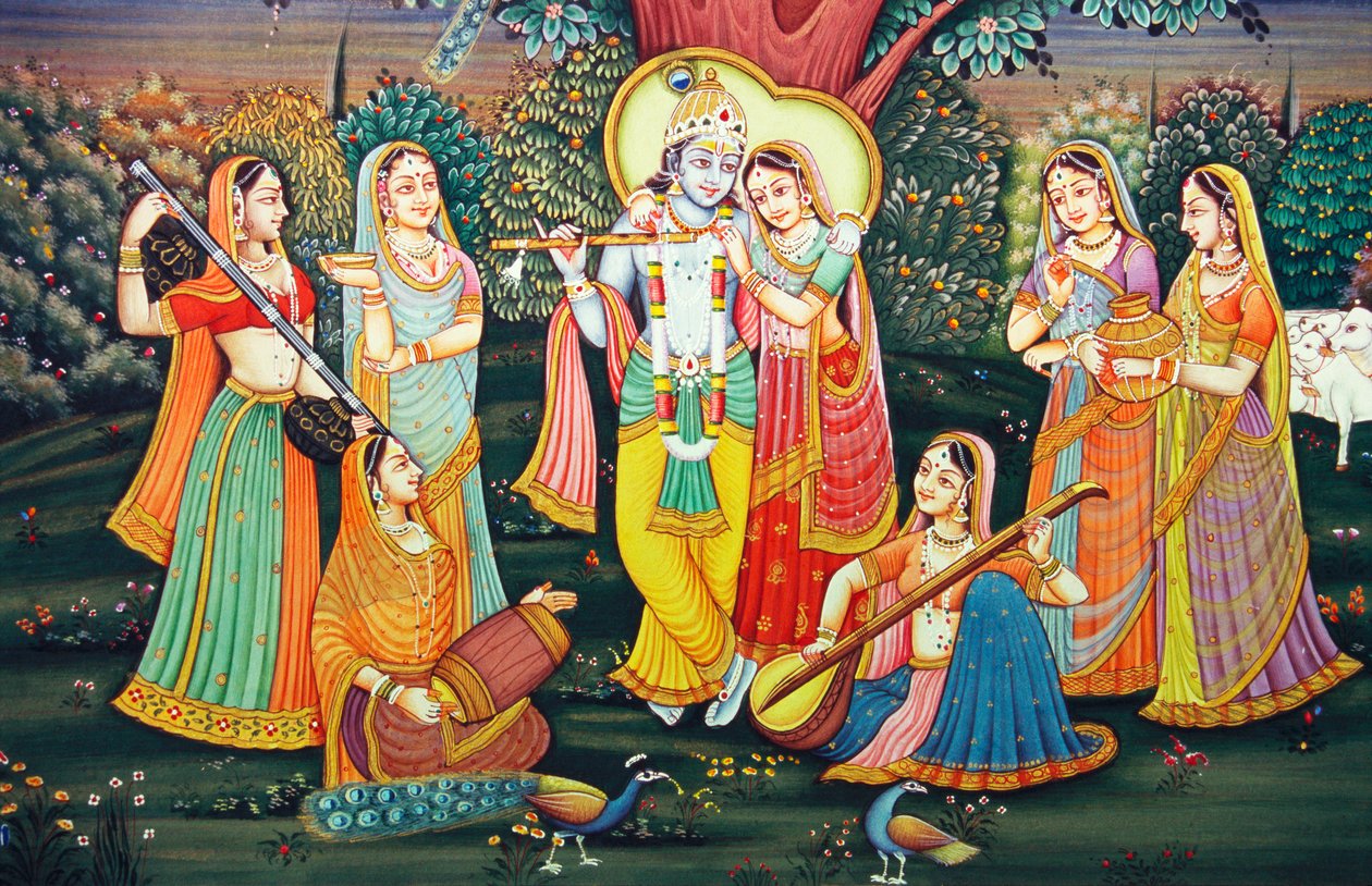 Radha Krishna met Sakhis genieten van muziek door School Indian