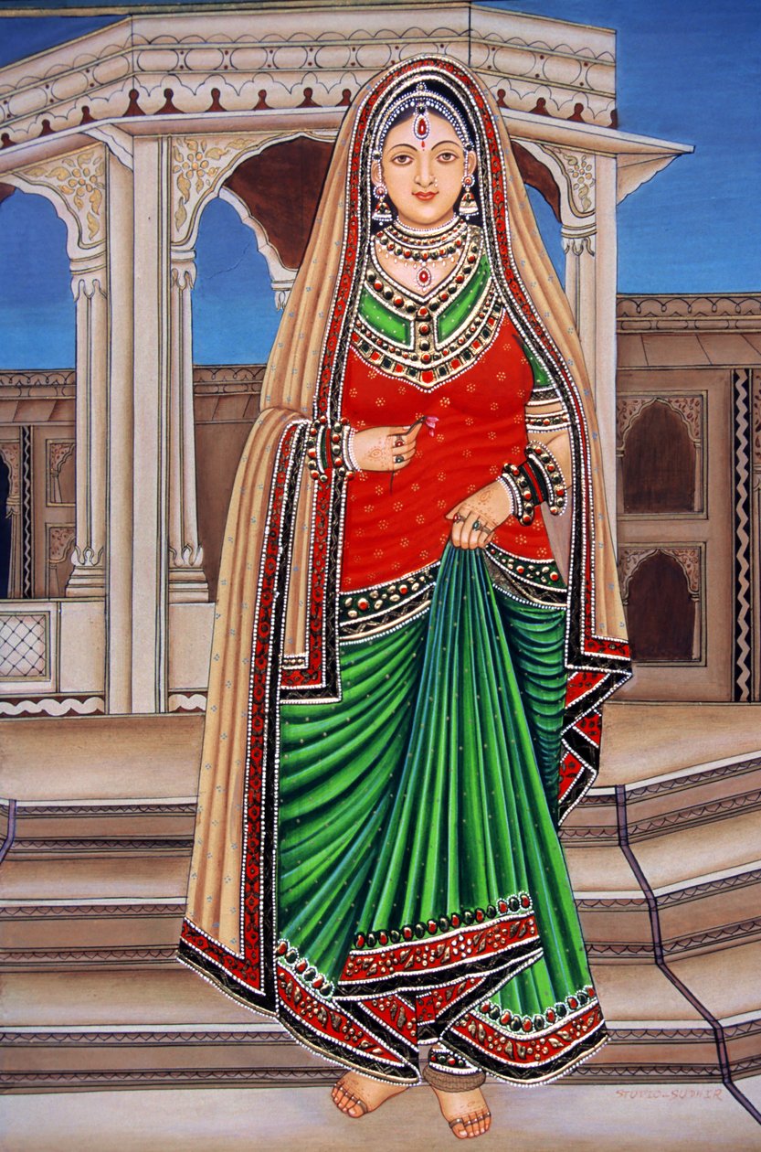 Rajasthani dame bij ontmoeting miniatuurschilderij op papier door School Indian
