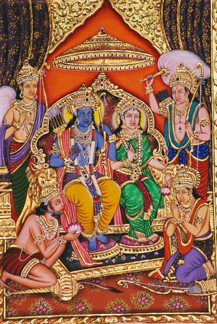 Ram Darbar Miniatuurschilderij op papier met reliëf door School Indian