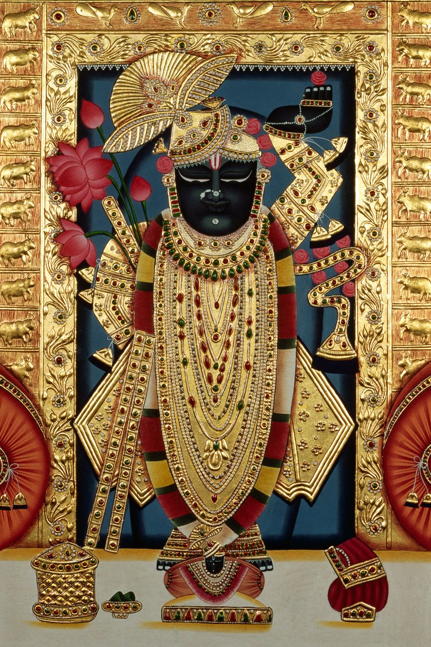 Shri Heer Shree Nathji of Shreenathji in Nathdwara Miniatuurschildering op papier met goudembossing door School Indian