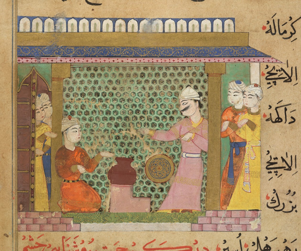 Sultan Ghiyath al-Din houdt toezicht op de bereiding van medicijnen, uit De Ni