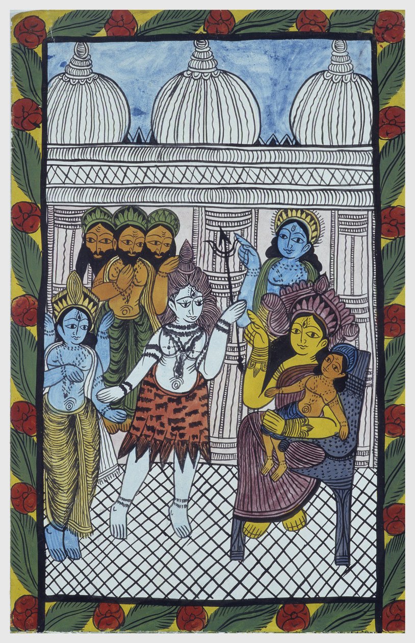 De goden komen Krishna bewonderen, belichaamd in het lichaam van een mooi kind, Ganesha (Ganesh of Ganapati) zittend op de knieën van zijn moeder Parvati. Pat: geschilderde rol van de Bengal-regio, dienend als verhalend medium voor zangers Baoul (Baul). Le door School Indian