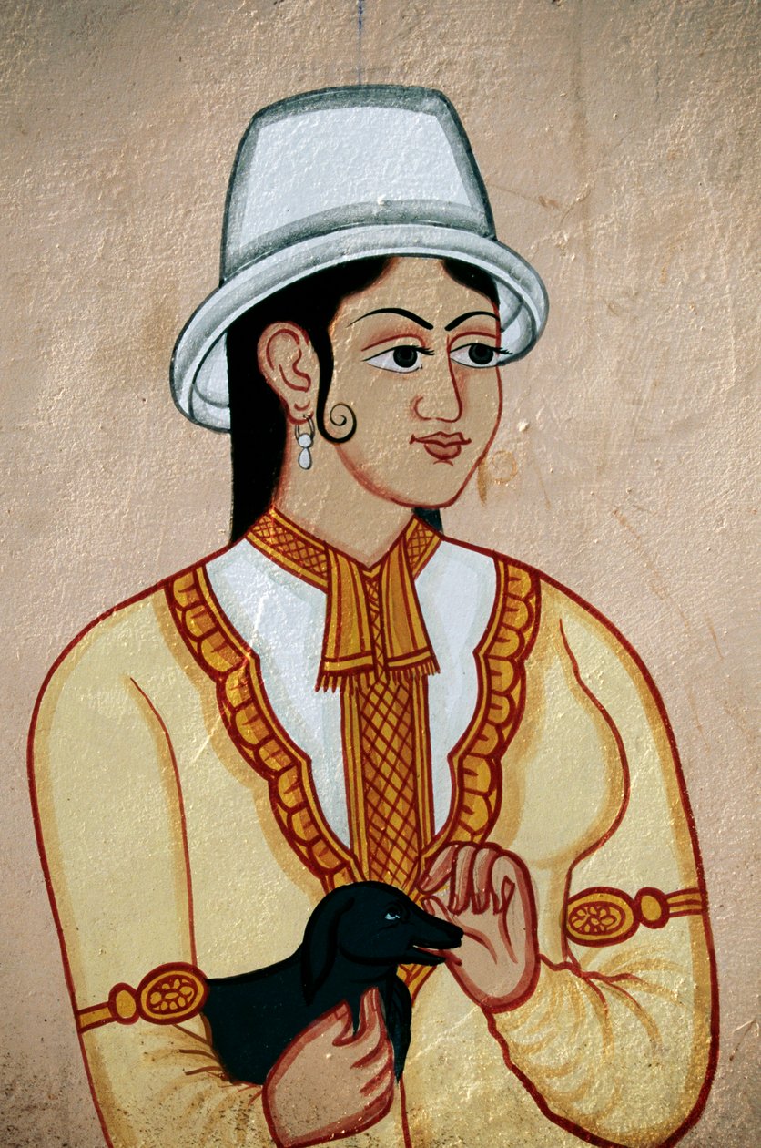 Muurschildering van Britse dame met puppy, Jaipur, Rajasthan, India door School Indian