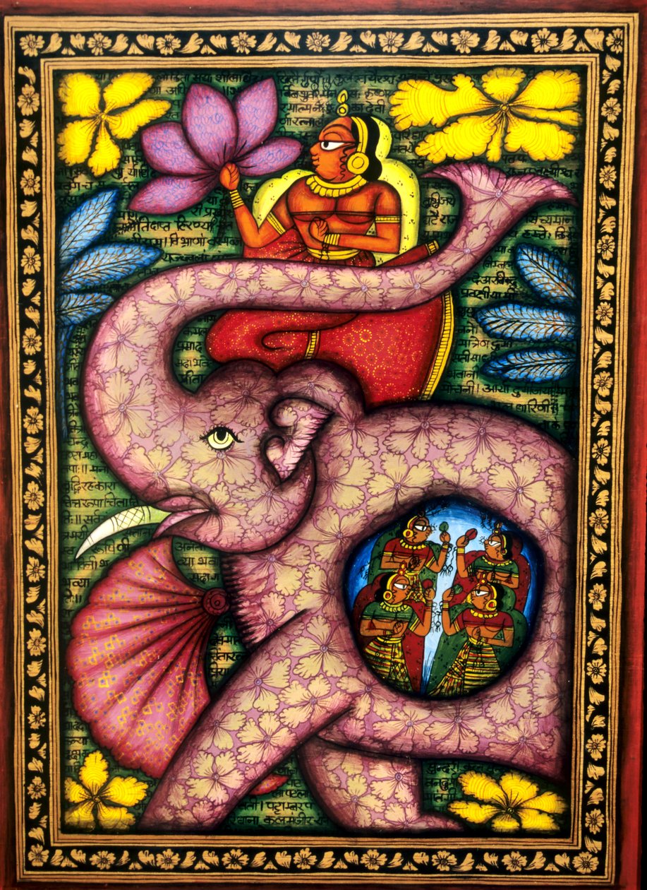 Vrouw zittend op olifant en bloem vasthoudend miniatuurschilderij, India door School Indian