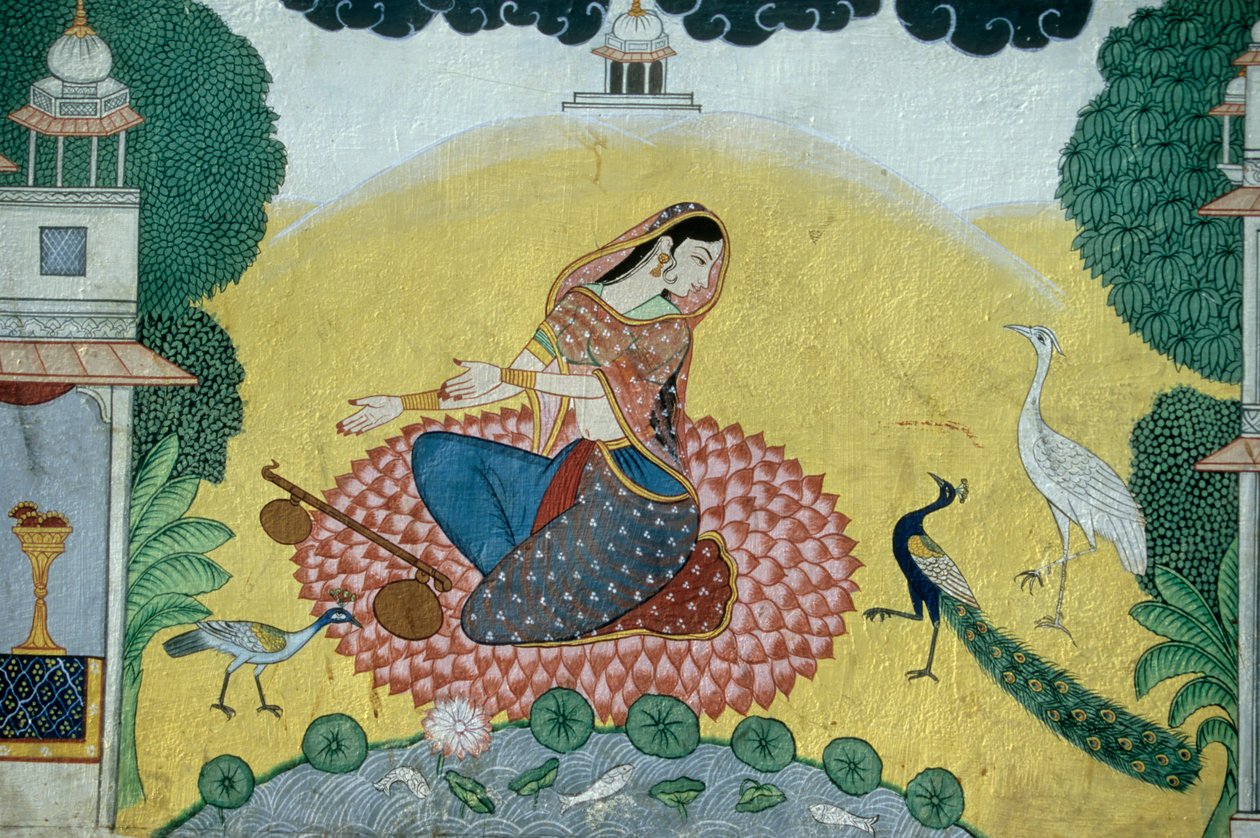 Vrouw met Rudra Veena Miniatuurschilderij, India door School Indian