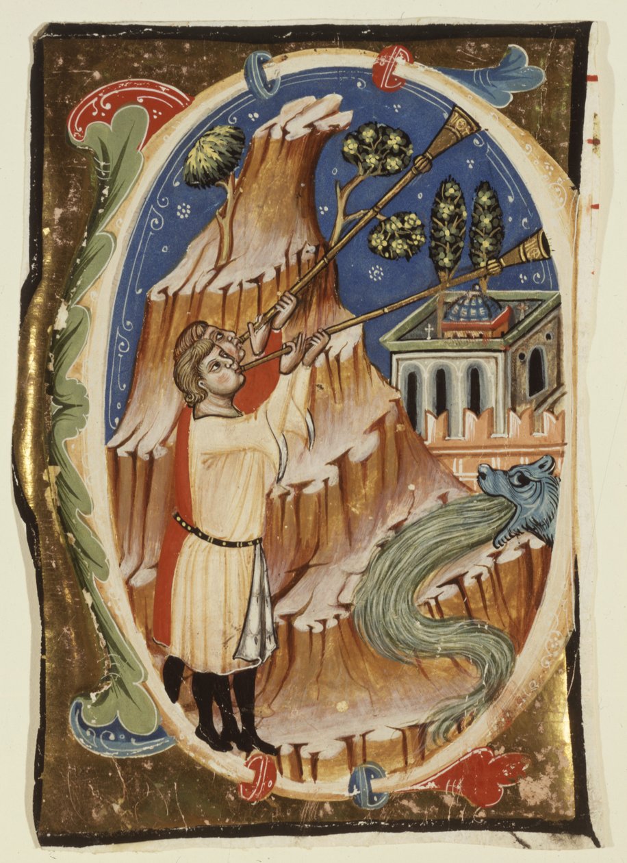Apocalyptische scène, laat 13de-begin 14de eeuw (tempera  bladgoud op perkament) door School Italian