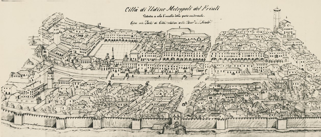 Vogelvlucht van westelijk deel van de stad Udine (gravure) door School Italian
