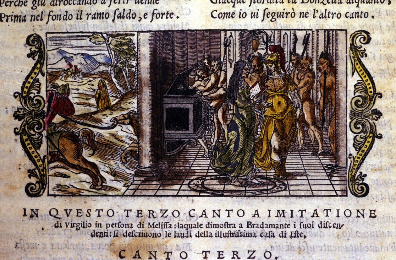 Bradamante ontmoet de tovenaar Melisse die haar vertelt dat zij en Roger (Ruggero, Ruggiero) de Este-dynastie hebben gesticht. Scène uit het riddergedicht 