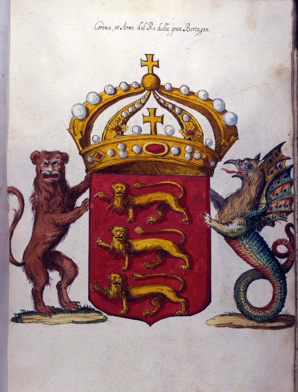 Wapen van de Britse koninklijke familie siert een kroon, een leeuw en een fantastisch wezen. Staatsarchief, Milaan door School Italian