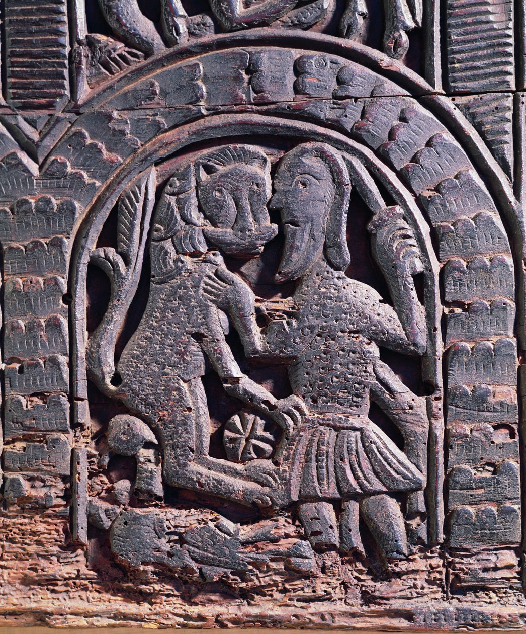 Detail van een leeuwenjacht van een middeleeuwse kist (hout) door School Italian