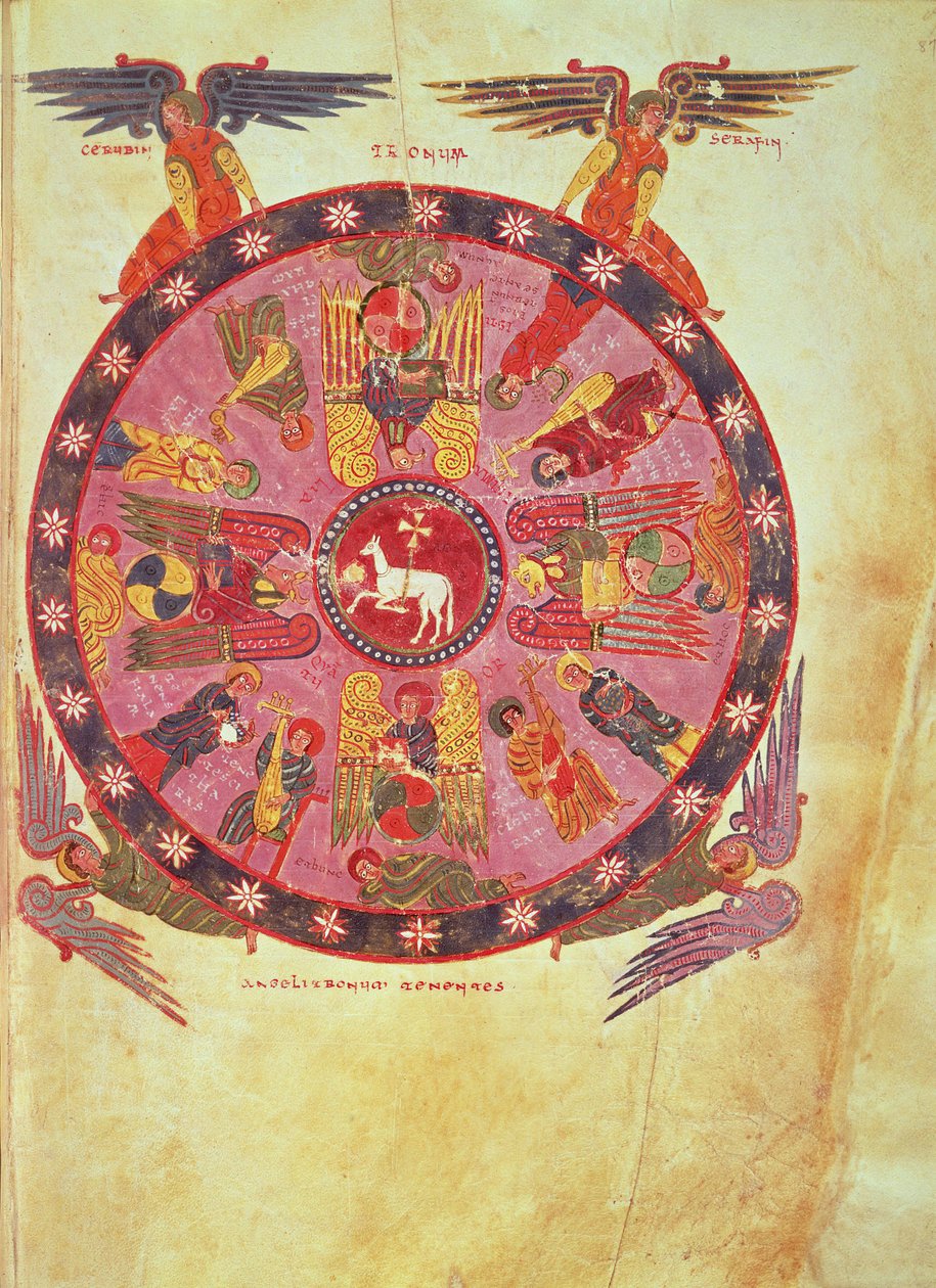 Ms. M. 644 f.87 Openbaring 4:4 Aanbidding van het Lam door de vierentwintig oudsten, kopie uit het 