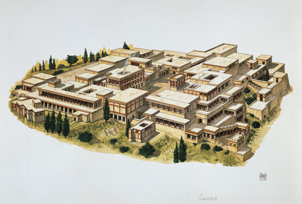 Reconstructie van het paleis van Knossos, Kreta, 20e eeuw v.Chr. door School Italian