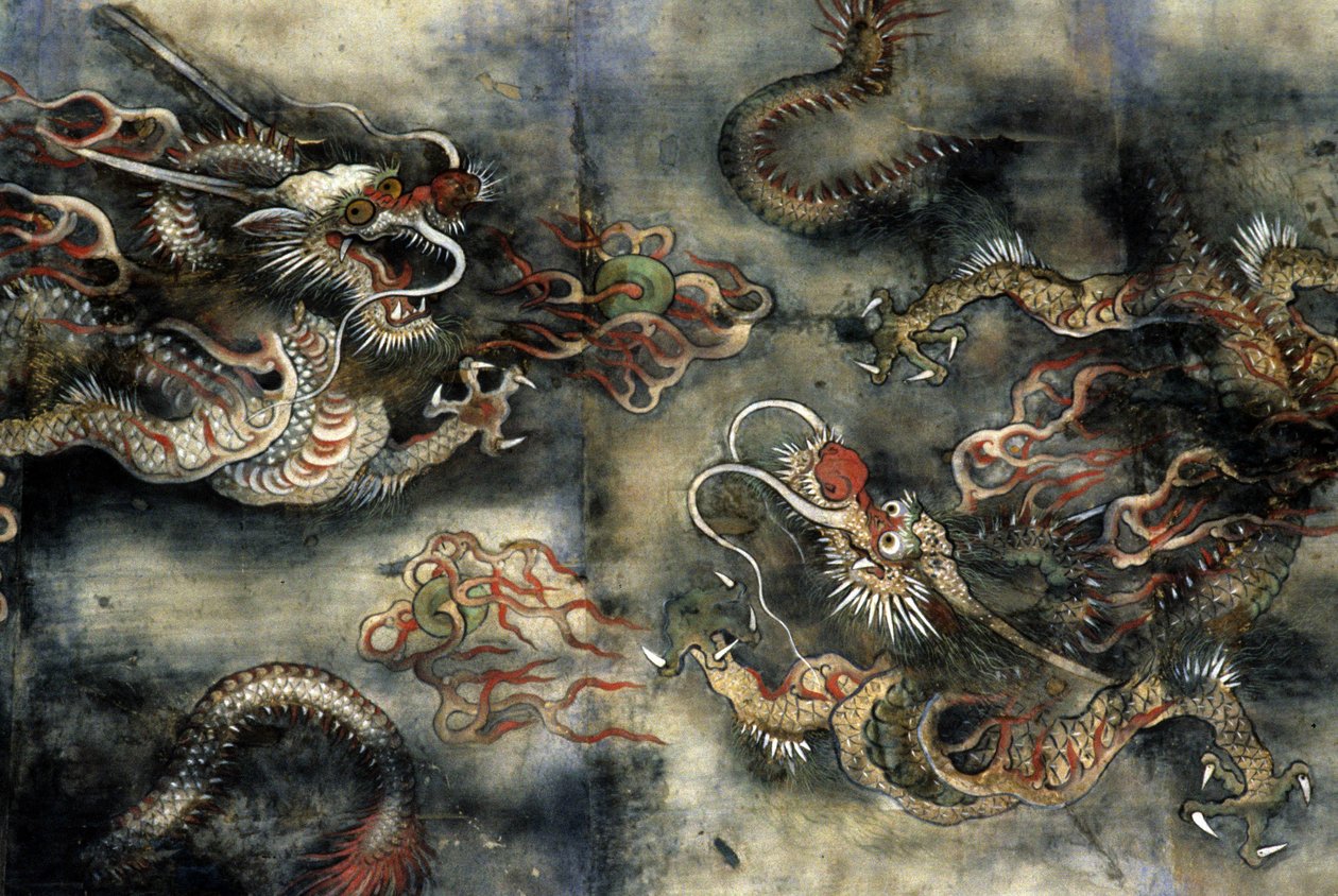 Draken, decoratie van de boeddhistische tempel van Pongwon, Seoul, Korea door School Korean
