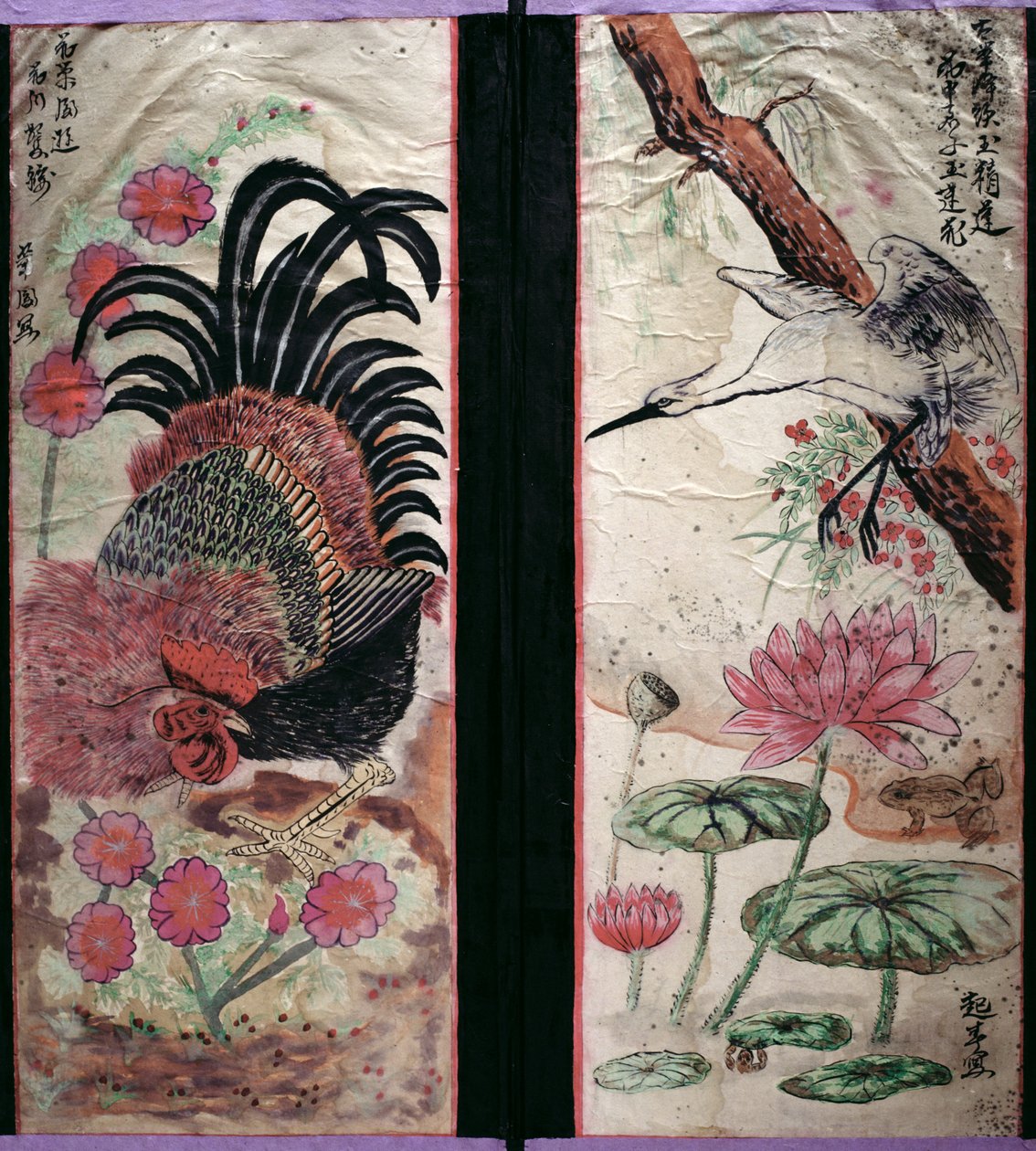 Twee panelen van een achtvoudig scherm met vogels en bloemen (natuurlijke pigmenten op papier) door School Korean