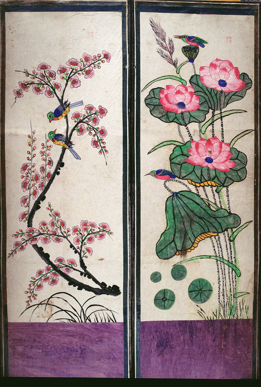 Twee panelen van een achtvoudig scherm met vogels en bloemen (natuurlijke pigmenten op papier) door School Korean