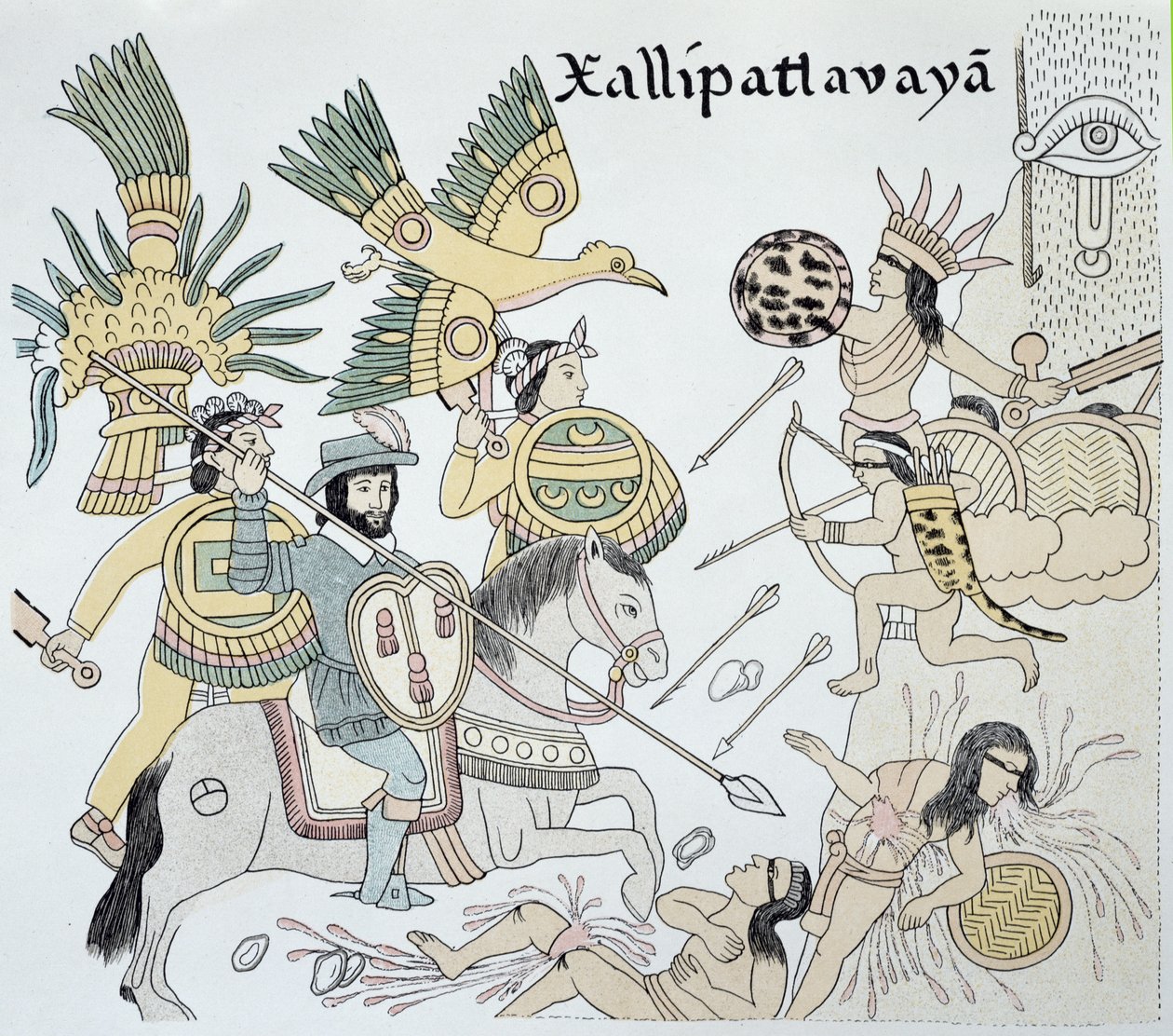 Gevechten tussen de Spanjaarden en Azteken tijdens de slag bij Xallipatlavaya, illustratie uit een facsimile van een Mexicaanse indiaanse prentengeschiedenis 