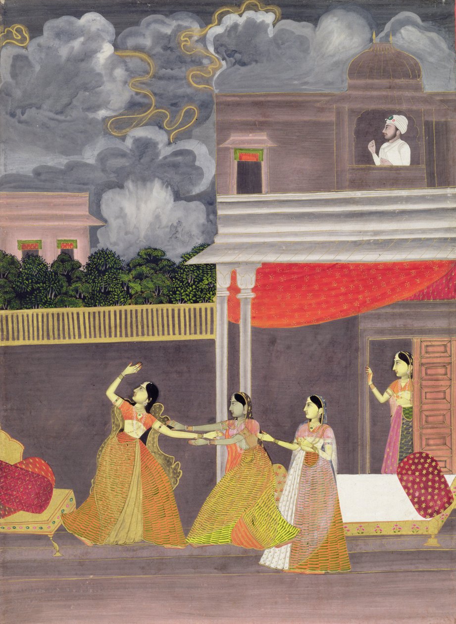Een dame binnengebracht uit een storm in de nacht: illustratie uit de muzikale modus Madhu Madhavi, c.1760 door School Mughal