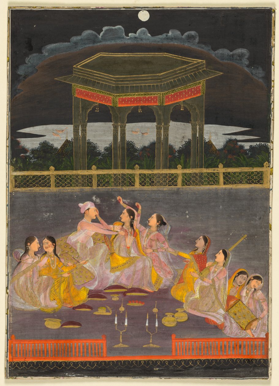 Een prins viert Holi met paleisvrouwen op een terras bij nacht, ca. 1760 (dekkende aquarel en goud op papier) door School Mughal