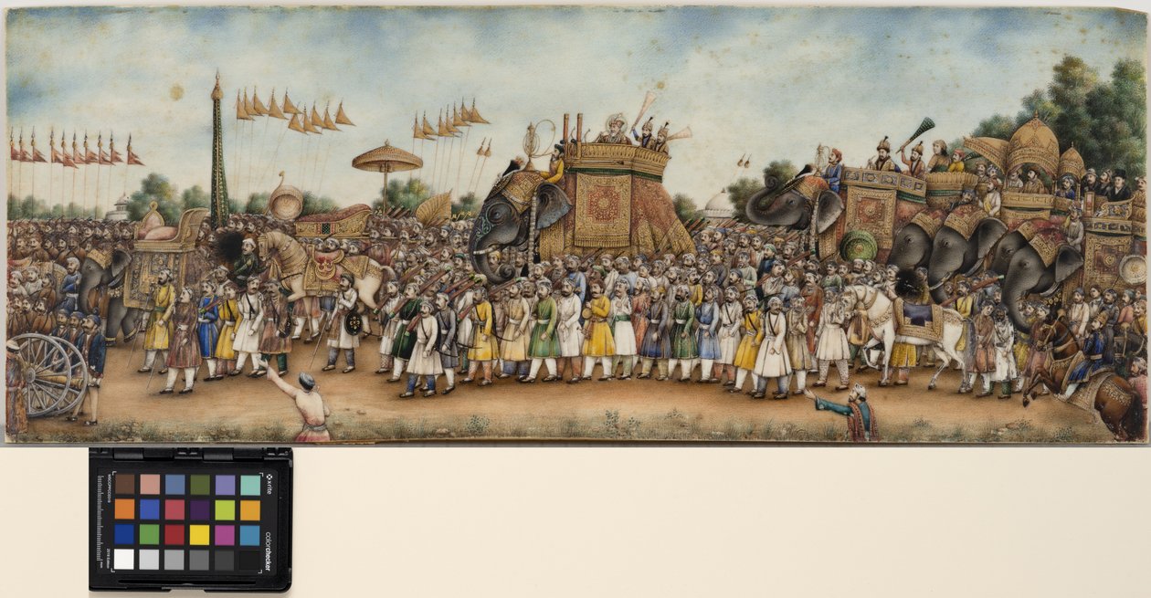 Akbar Shah II rijdt op een olifant in een grote processie door School Mughal
