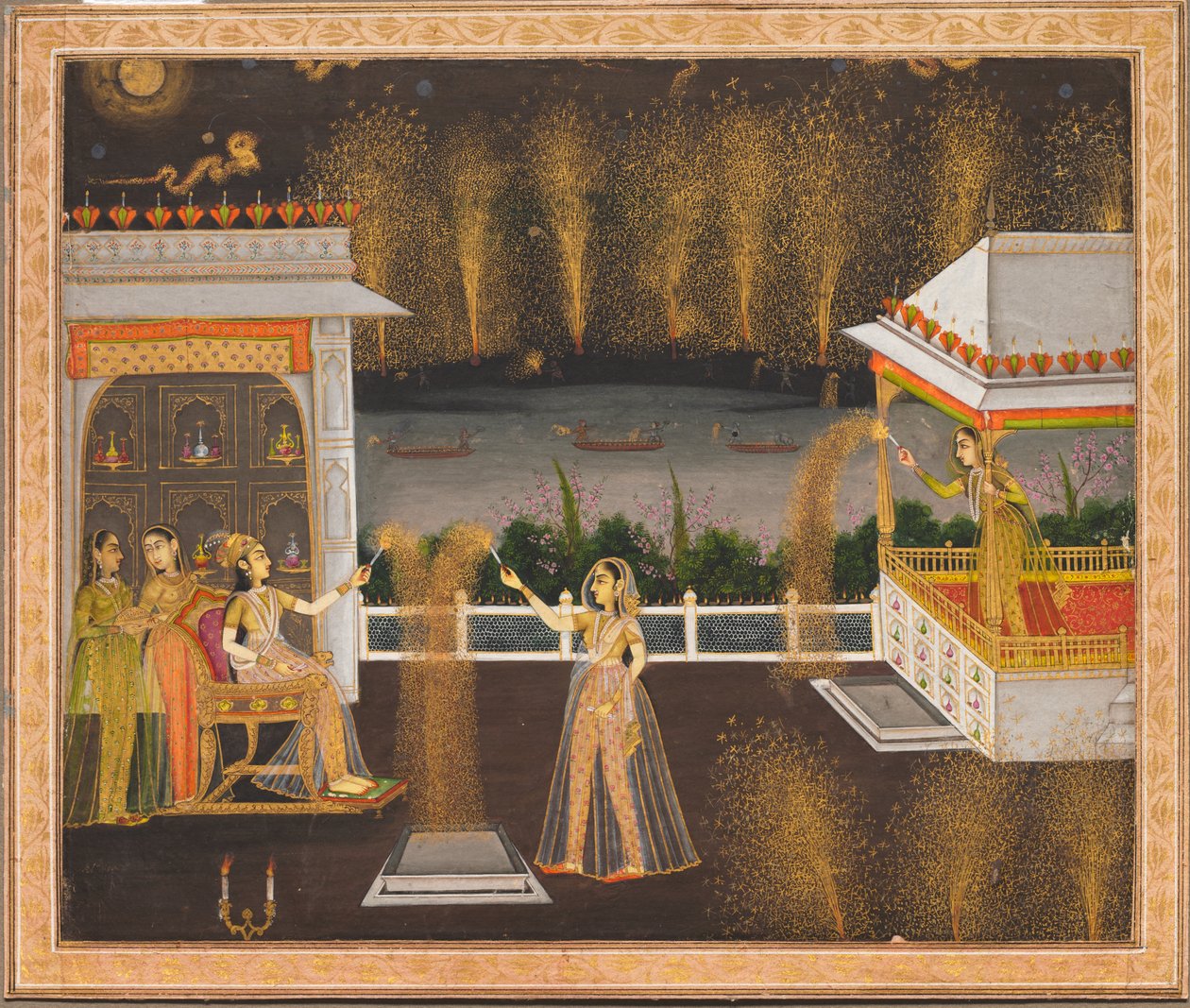 Dames vieren Diwali, ca. 1760 (dekkende aquarel en goud op papier) door School Mughal