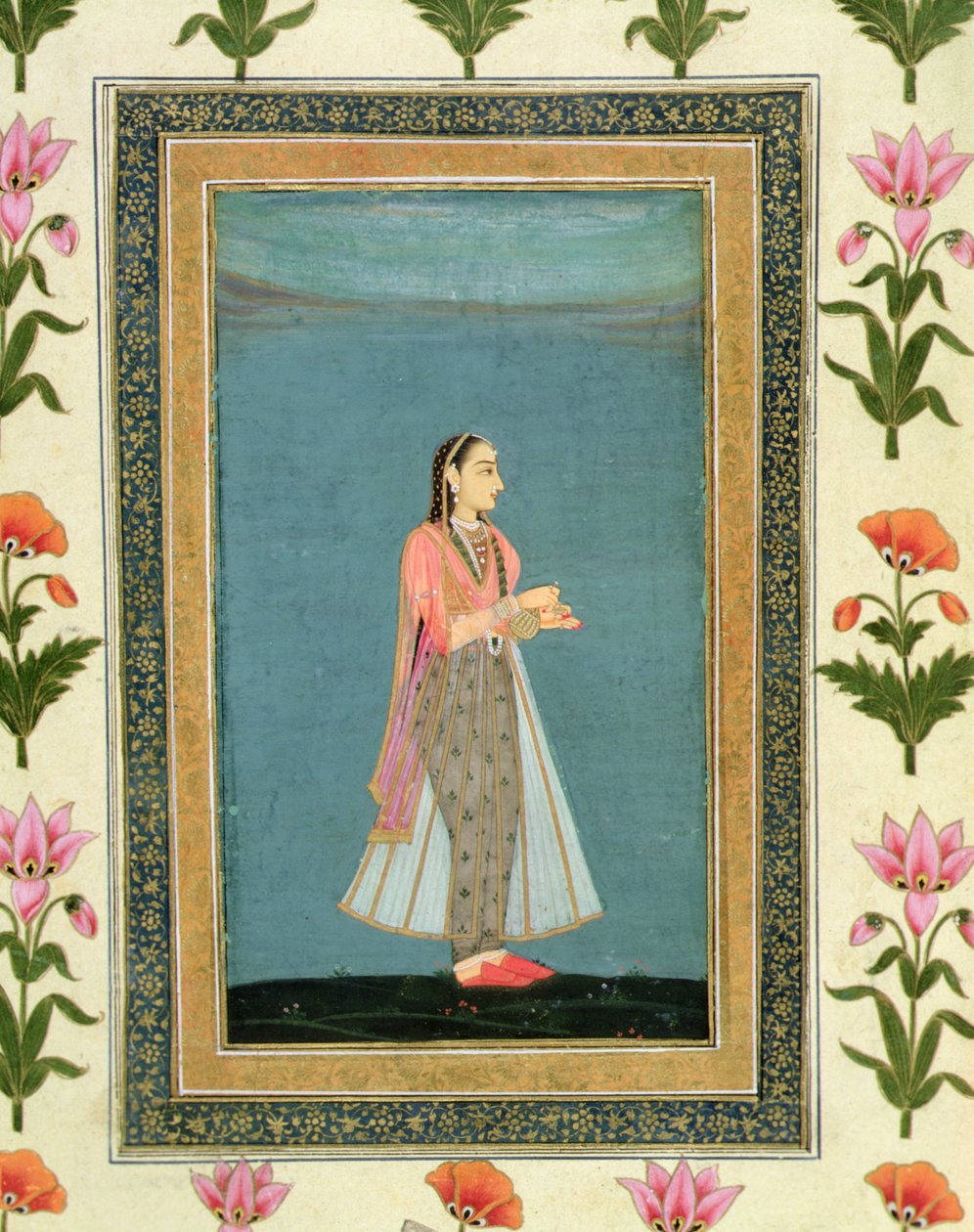 Dame met een wijnfles en beker, uit het Grote Clive Album door School Mughal