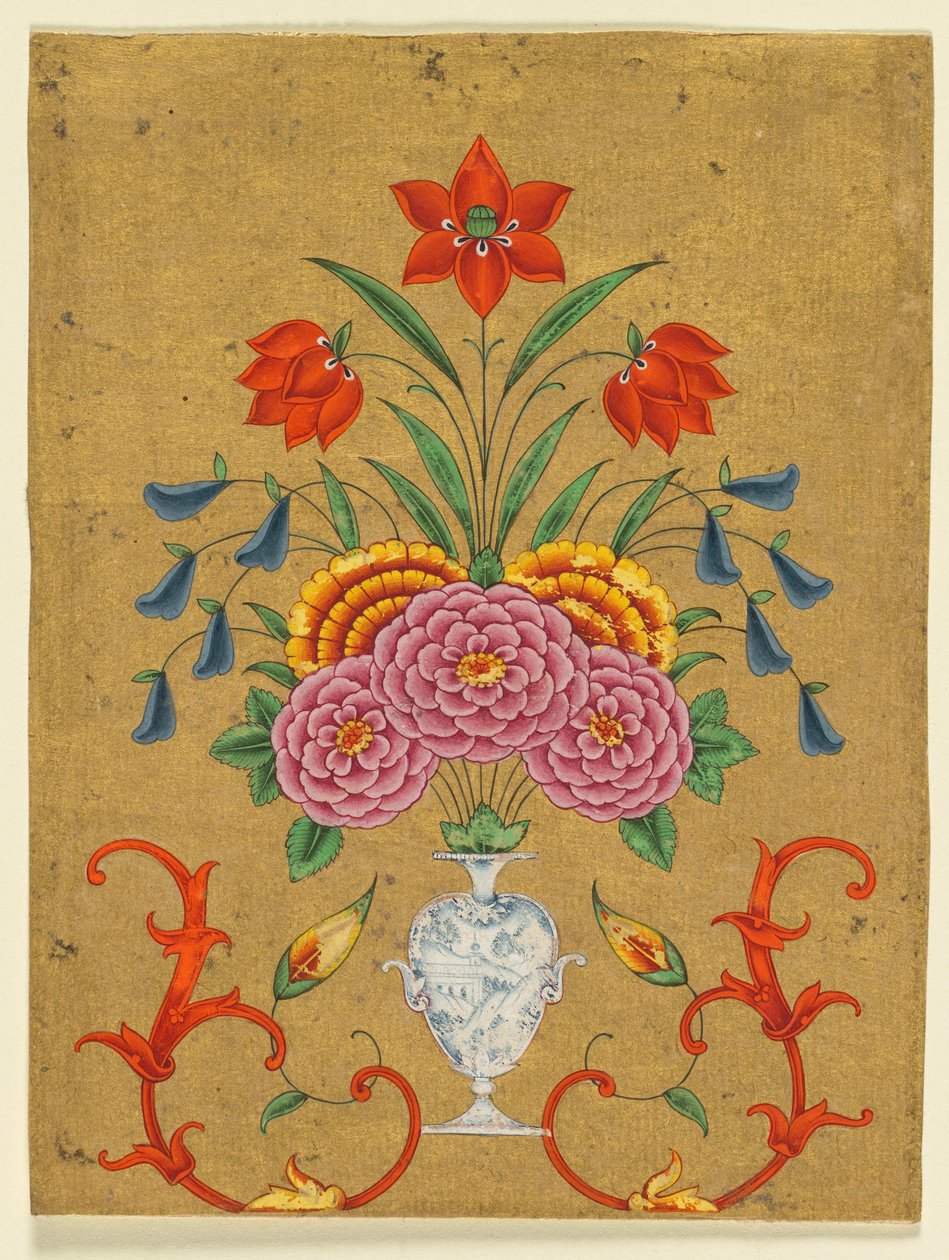 Vaas met bloemstuk en rolwerk, ca. 1750-1800 (dekkende aquarel met goud op papier) door School Mughal
