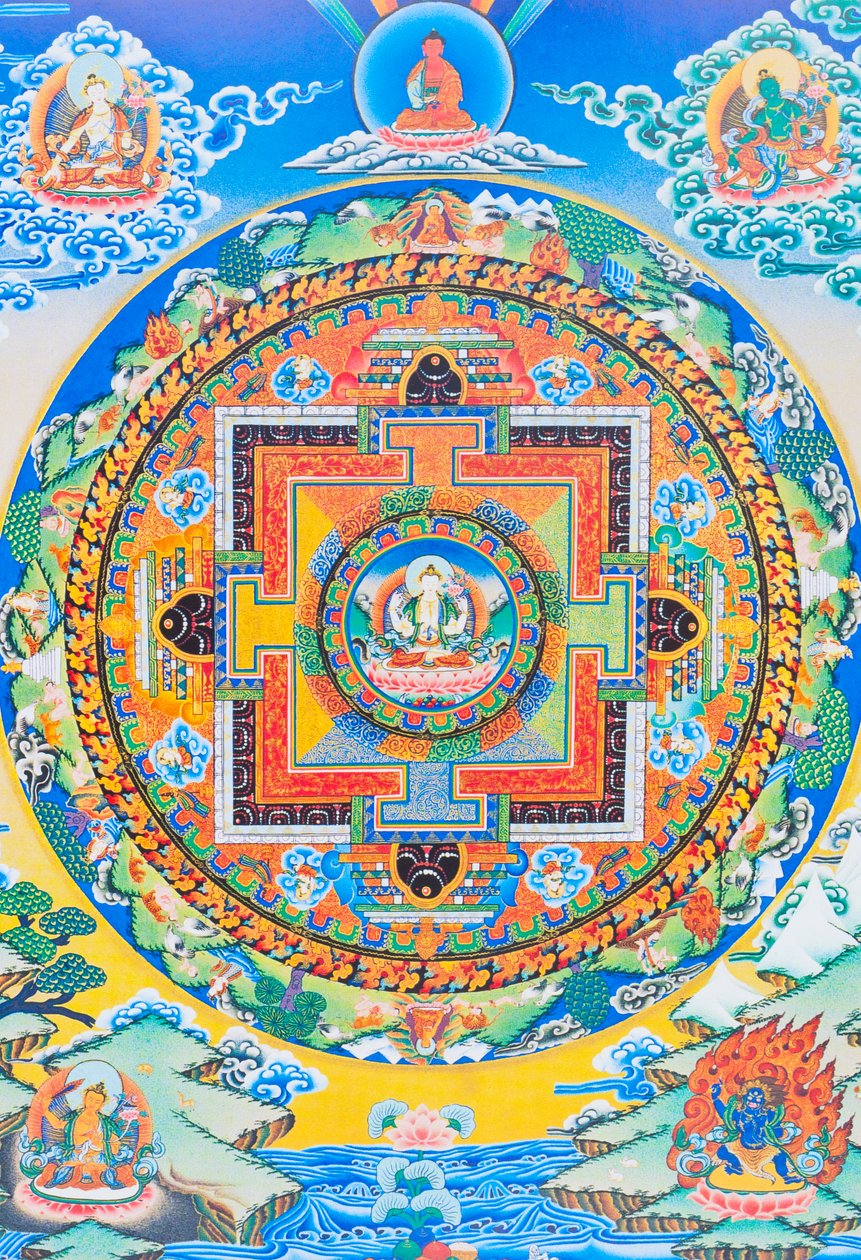 Chenresi mandala; de centrale figuur toont de Boeddha van mededogen, de hemelse manifestatie van Amitava Boeddha, altijd dicht bij lijdende wezens door School Nepalese