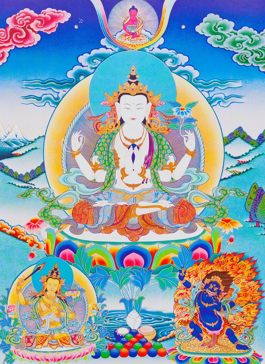 Afbeelding van Chenresi, de heer van de zes lettergrepen "Om Mani Padme Hum" door School Nepalese