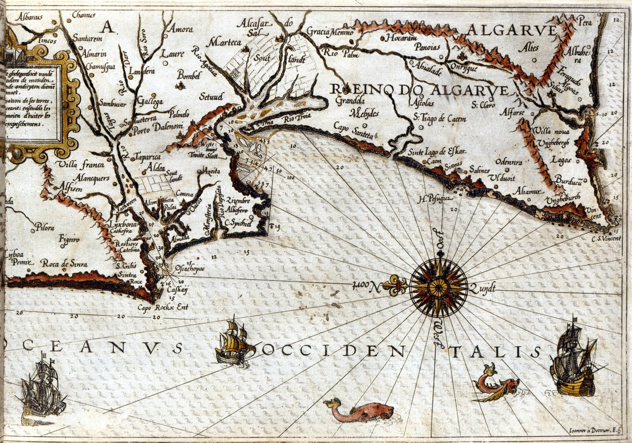 Kaap Sagres (of Heilige Kaap) aan het einde van Portugal na de portulan van Luca J. Waghenaer Treesor van zeevaart gedrukt in Leiden in 1592 door School Netherlandish