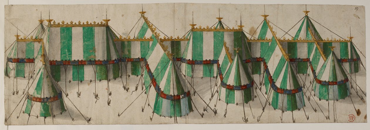 Ontwerp voor een Koninklijk Paviljoen in de Tudor-kleuren wit en groen, gezegd te zijn voor Henry VIII bij het Veld van het Gouden Laken door School Netherlandish