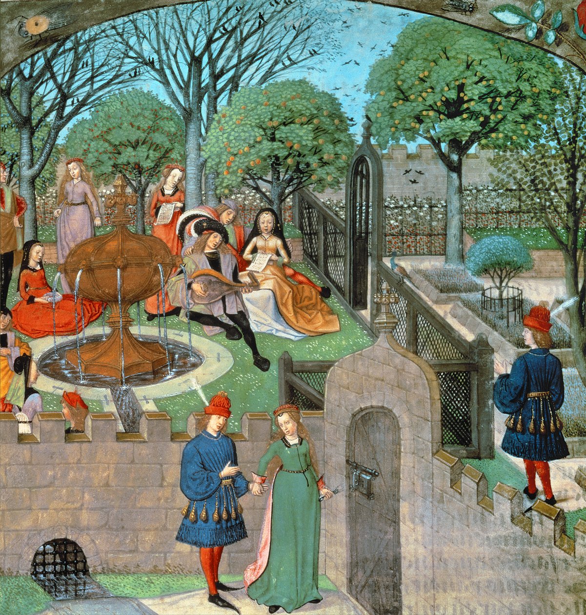 Tafereel in de tuin, de minnaar en dame Oyseuse (Luiheid) buiten de tuinmuren, uit 