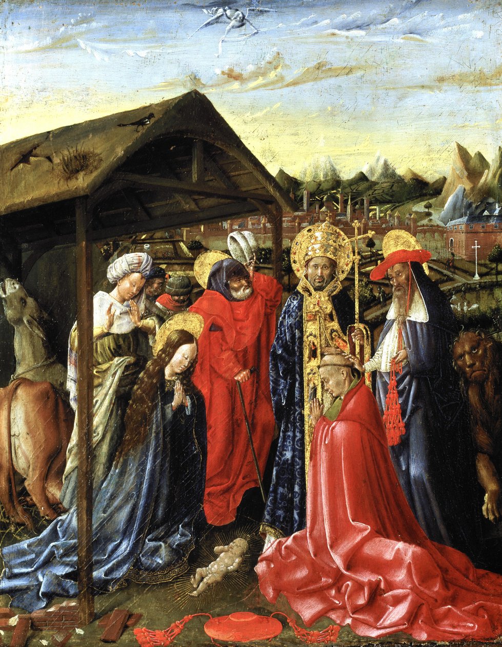 De Geboorte met SS. Sixtus (?) en Jerome en een kardinaal door School Netherlandish