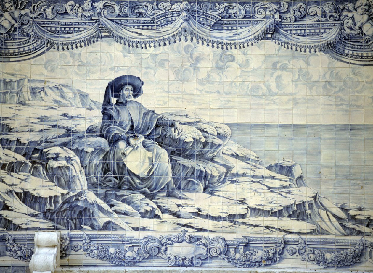 Hendrik de Zeevaarder, zittend, kijkend naar de zee - Azulejo uit de omgeving van Lissabon (Sintra). door School Portuguese