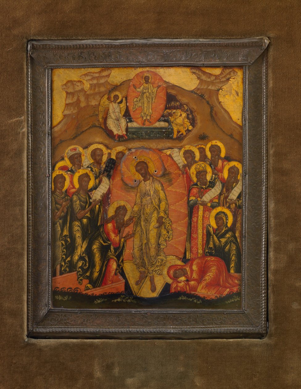 Anastasis (Hellevaart), ca. 1650-70 (bladgoud en tempera op hout) door School Russian
