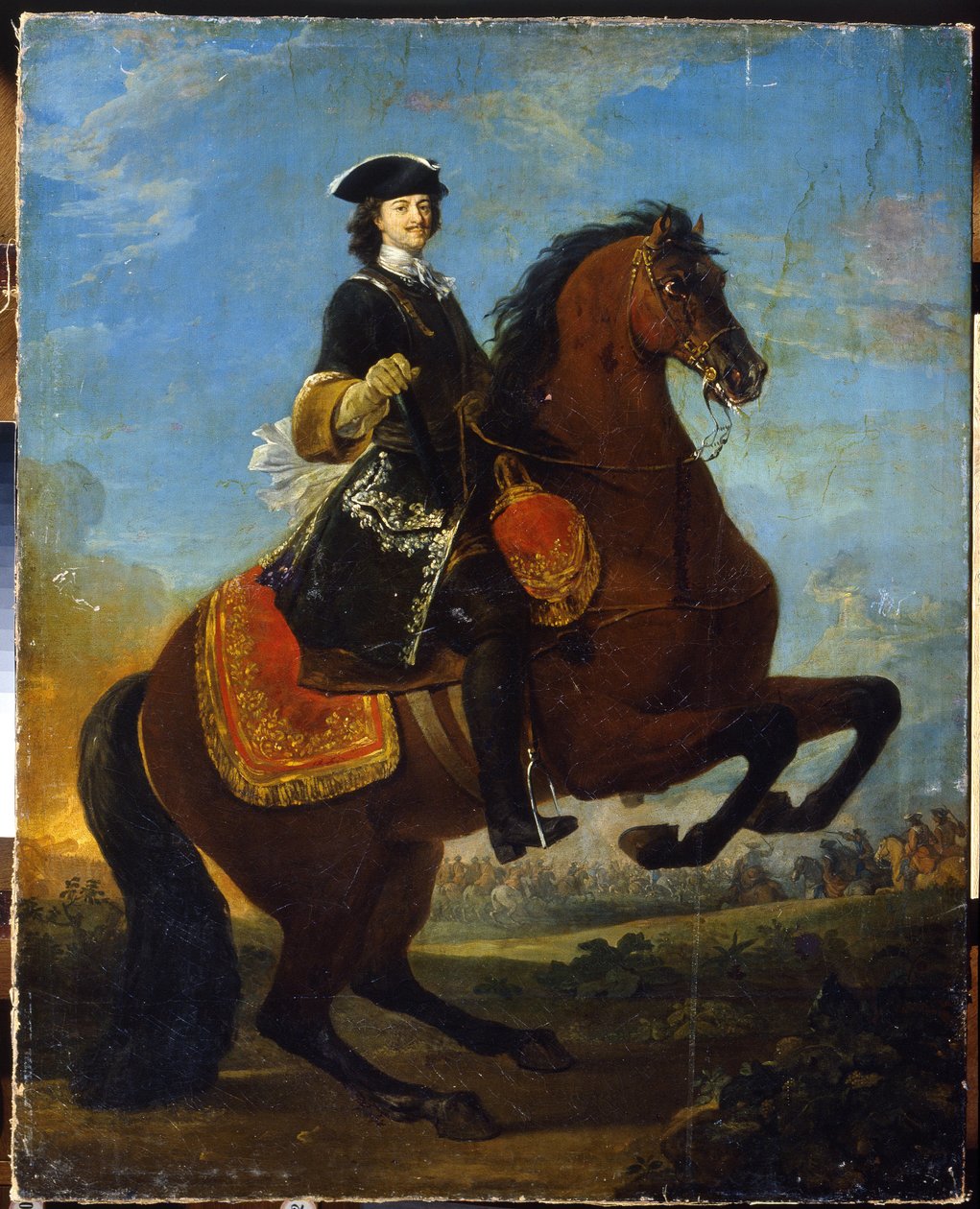 Ruiterportret van Peter I met een slag van de Grote Noordelijke Oorlog op de achtergrond door School Russian