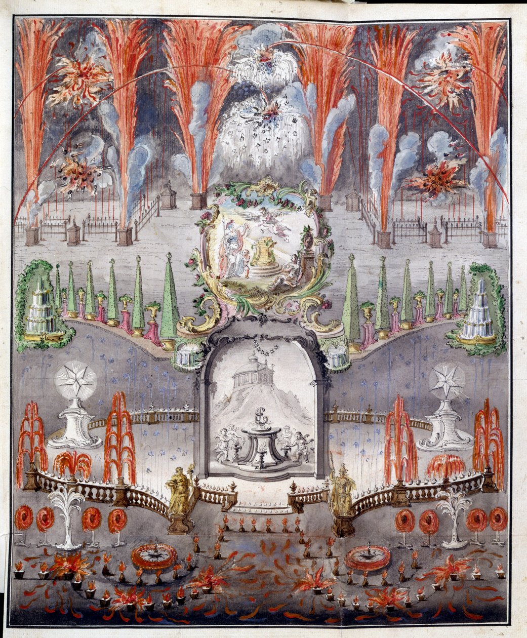 Vuurwerk en verlichting op 17 september 1747 in Gostilitsy (Rusland) door School Russian