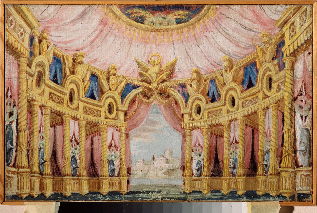 Hal met colonnade. Voorbereidende decor voor een toneelstuk door School Russian