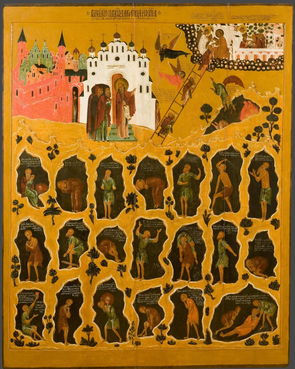 ""De visie van Sint Jan Climacus"" Rechtsboven is de heilige ladder van Sint Jan de Sinaïet afgebeeld - Ze toont de monniken die de top van de ladder bereiken en degenen die in de hel vallen - Russische icoon uit het begin van de 16e eeuw door School Russian