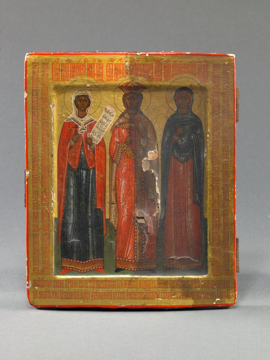 Menologion Icoon met de heiligen Paraskeve, Catharina en Anastasia, laat 17e eeuw (tempera op hout) door School Russian