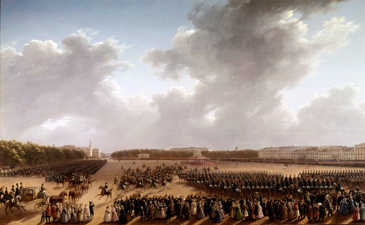 Parade op het Champ de Mars, op de voorgrond Alexander Poesjkin en Nicolaas I te paard door School Russian