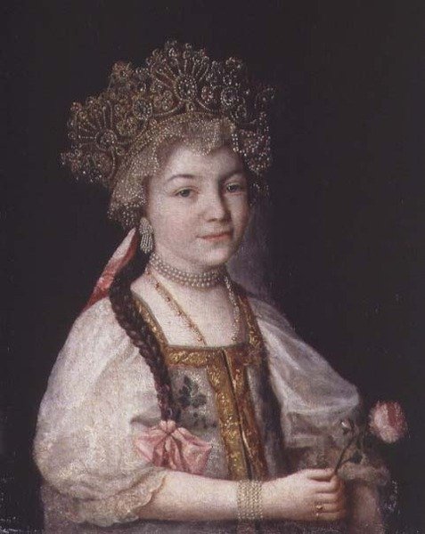 Portret van Alexandra Pavlovna in Russische Nationale Kleding, ca. 1790 door School Russian