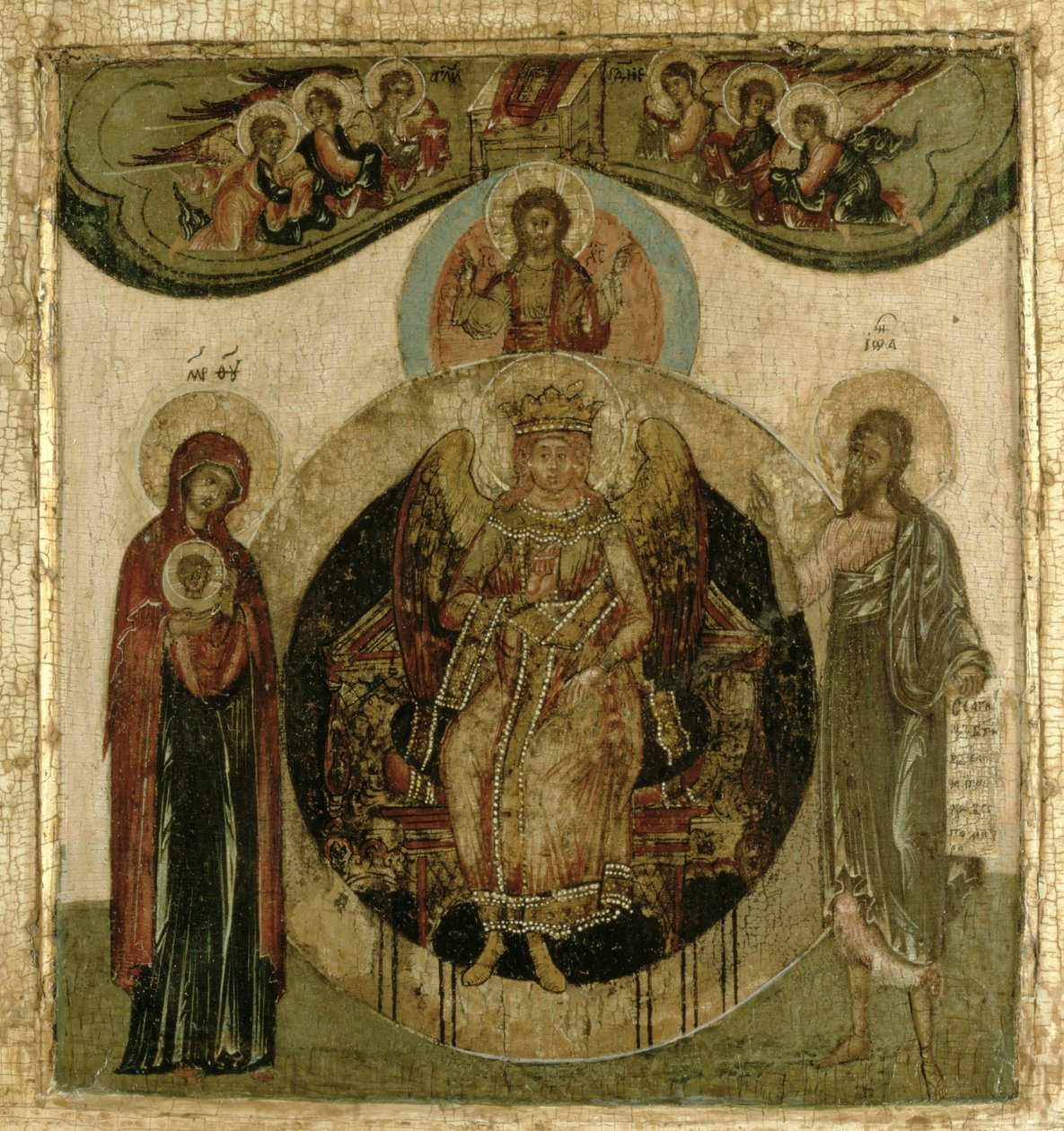 Russisch icoon van Sophia, de Heilige Wijsheid, tronend in de vorm van een vurige gevleugelde engel (paneel) door School Russian