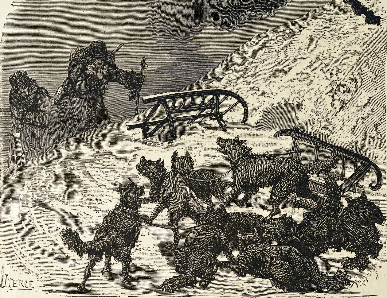 Siberië. Omgevallen slee, Russische kunstenaar (gravure) door School Russian